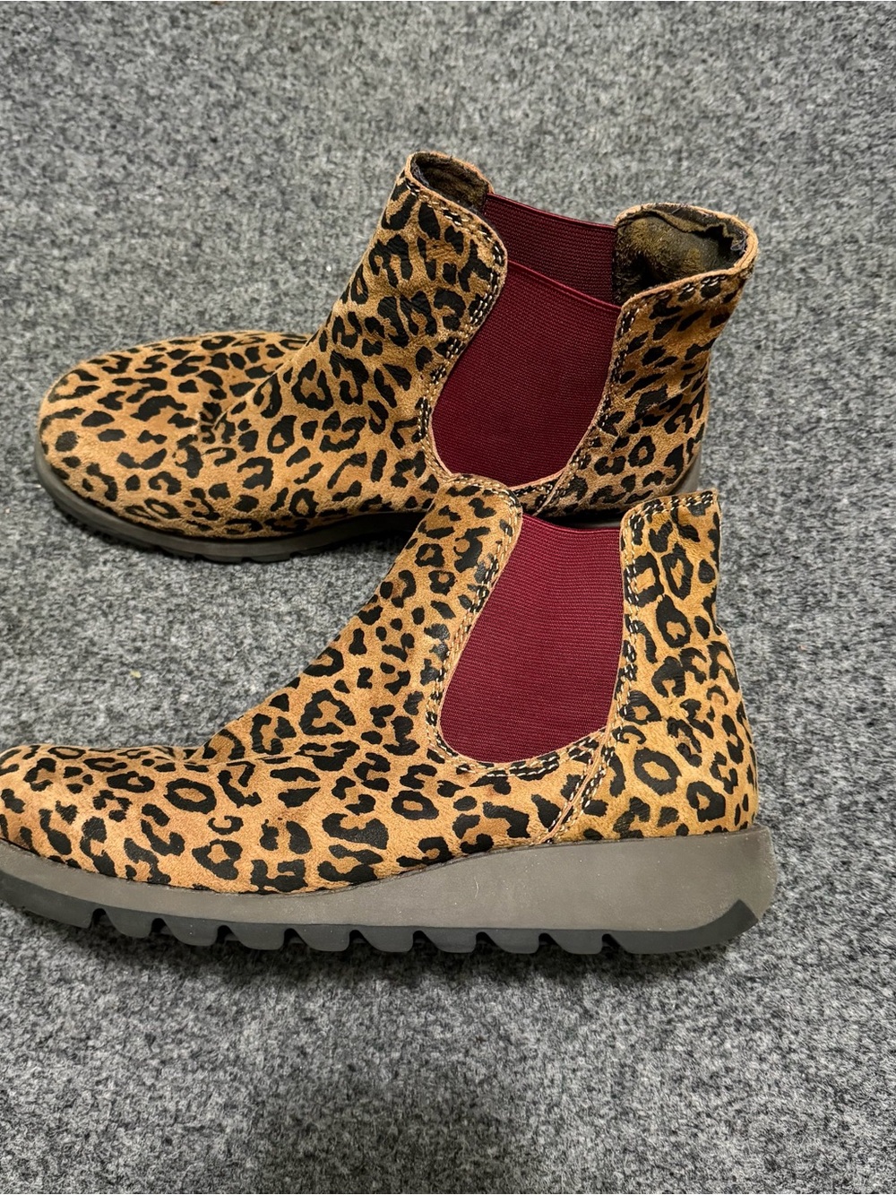 Fly London Leopard Print Chelsea Booties with Burgundy Elastic - Women's